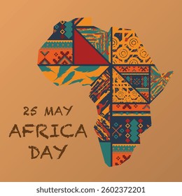 African continent silhouette isolated on craft paper background with boho pattern. Africa day background with cut old paper