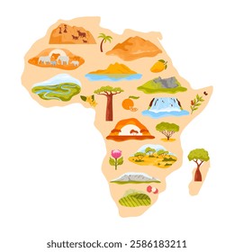 African continent stylized map with animals and nature landscapes, trees and flowers. Travel to Africa infographic collage with Niger River and savanna, desert and mountain cartoon vector illustration