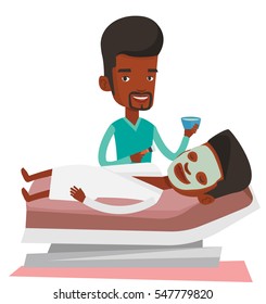 African cosmetologist applying cosmetic mask on face of client in beauty salon. Young man lying on table in salon during beauty treatment. Vector flat design illustration isolated on white background.