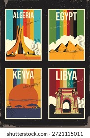 Conjunto de Cartão-postal de Atrações dos Países Africanos. Argélia, Egito, Quênia, Líbia Cartões-Postais Retrô Ilustrações Estilo. Linhas de cores dos anos 70, texturas de papel envelhecido