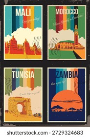 African Countries Attractions Postcard Set. Mali, Morocco, Tunisia, Zambia Retro Postcards Style Illustrations. 1970s Color Lines, Aged Paper Textures