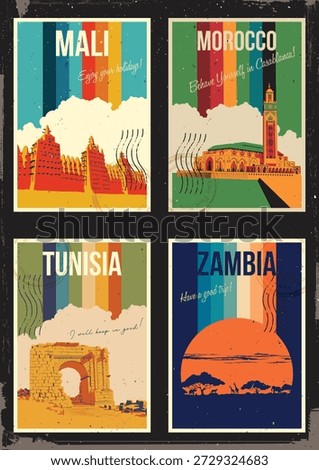 African Countries Attractions Postcard Set. Mali, Morocco, Tunisia, Zambia Retro Postcards Style Illustrations. 1970s Color Lines, Aged Paper Textures