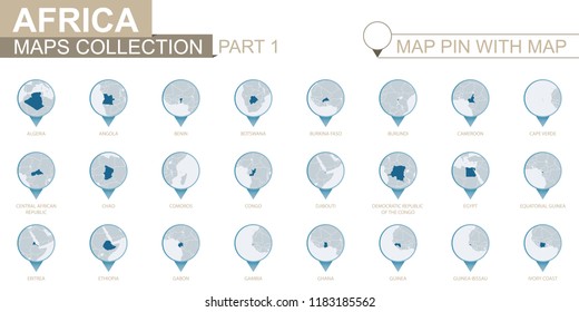 African countries detailed map collection, blue map pin with country map.