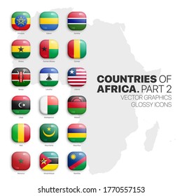 African Countries Flags Vector 3D Glossy Icons Set Isolated On White Background Part 2. Official National Flags Of Africa Square Vivid Bright Color Bulging Convex Buttons Collection On Light Backdrop
