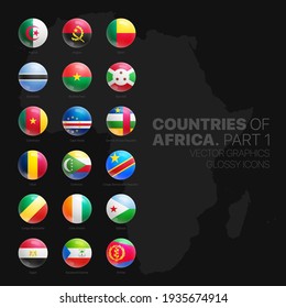 African Countries Flags Vector 3D Glossy Icons Set Isolated On Black Background Part 1. Official National Flags Of Africa Round Vivid Bright Color Bulging Convex Buttons Collection On Dark Backdrop