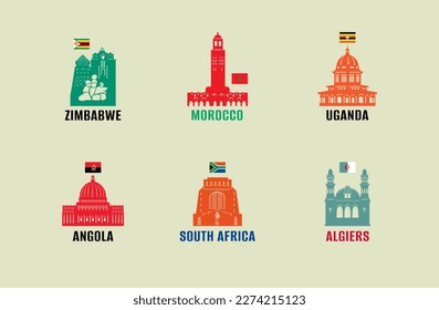 African countries - Zimbabwe, Morocco, Uganda, Angola, South Africa, Algeria. Vector illustration. Business travel and tourism concept with historical buildings.