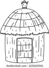 African country house with big roof in hand drawn doodle style. Typical southern house. Vector illustration. Hut with palm roof and authentic entrance.