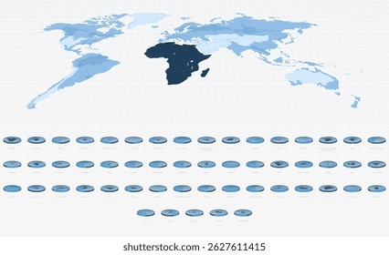 African Country Maps in Circular Isometric Style, Blue Tone. Maps in Circular Format.