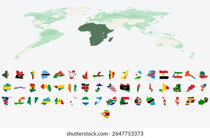 African Country Shapes with Flags on a Highlighted World Map. Vector Map Collection.