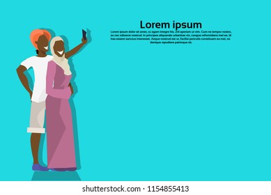 african couple hipsters making selfie on rest man woman taking photos smartphone cartoon character vacation concept horizontal copy space flat full length vector illustration