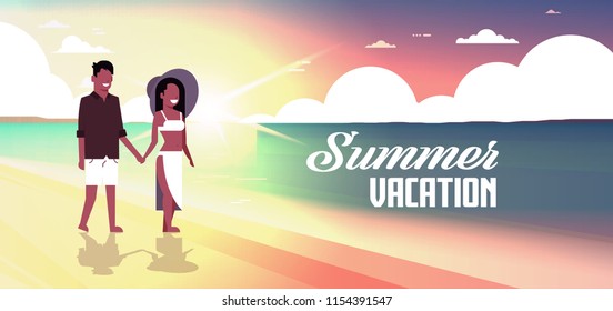 african couple man woman holding hands sunset beach summer vacation smiling walking seaside sea ocean flat horizontal banner vector illustration
