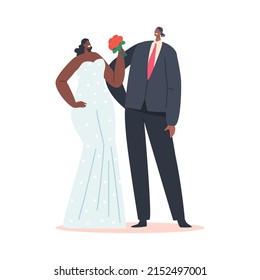 African Couple Marriage Celebration, Happy Black Groom and Bride Characters Wedding Ceremony, Newlywed Man and Woman Wear Festive Clothes Happily Smiling. Cartoon People Vector Illustration