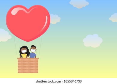 African couple in masks flying in heart shaped hot air balloon. Vector illustration.