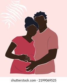 A  african couple of men and women, future parents expecting a child. Pregnant wife and husband hug. The concept of family, love, motherhood. Vector graphics.