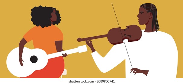 Pareja africana de músicos, mes de historia negra. Ilustración de material vectorial plano. Creatividad de gente con piel negra, violinista y guitarrista. La pareja negra está tocando música. Gráficos vectoriales