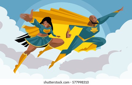 african couple superhero man and girl flying in the sky