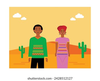African couple in traditional clothes and accessories with mountain view. Character design. Vector flat illustration