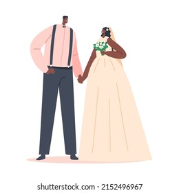 African Couple Wedding Ceremony, Black Groom in Suit and Bride in White Dress with Bouquet, Newlywed Man and Woman Characters Hold Hands during Marriage Celebration. Cartoon People Vector Illustration