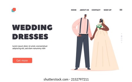 African Couple Wedding Ceremony Landing Page Template. Black Groom in Suit and Bride in White Dress with Bouquet, Newlywed Man and Woman Characters Holding Hands. Cartoon People Vector Illustration