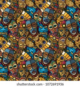 African craft voodoo tribal mask and inca south american culture totem symbols seamless pattern. Vector illustration