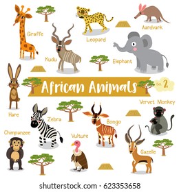 African creature cartoon on white background with animal name, Vector illustration. Set 2.