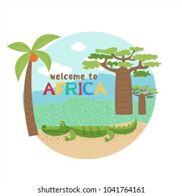 African crocodile near coconut tree and baobab.  Vector illustration. The African flora and fauna. Isolated on a white background.