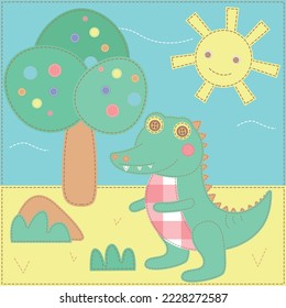 African crocodile in the savannah. Vector illustration in patchwork style. Crocodile sitting under a baobab tree.