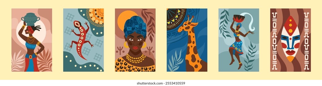 African culture. Africa animal. Painting pattern. Ethnic dance. Tribe woman face. Safari giraffe and iguana lizard. Boho poster. Abstract geometric native folk. Totem mask. Vector tidy banners set