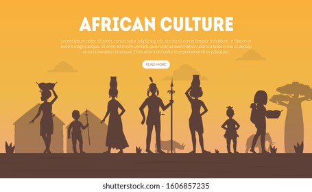 African Culture Landing Page Template with Silhouettes of Native Tribal People in Traditional Clothes Vector illustration