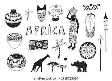 African culture masks, woman, elephant and giraffe silhouette, pot, palm tree vector line illustrations set