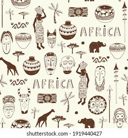 African culture masks, woman, elephant and giraffe silhouette, pot, palm tree seamless line vector pattern