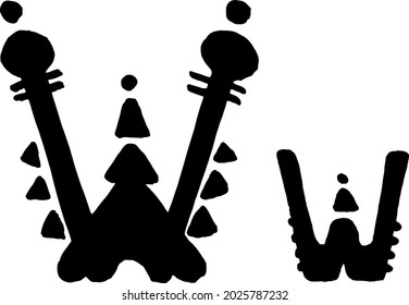 African Culture Vector Alphabet Black Color Isolated on Whute Background. Letter W Symbol. Antique Africa Font with Afro Letters. Vintage Cool Typeface in Creative Sketch Drawn