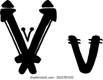 African Culture Vector Alphabet Black Color Isolated on Whute Background. Letter V Symbol. Antique Africa Font with Afro Letters. Vintage Cool Typeface