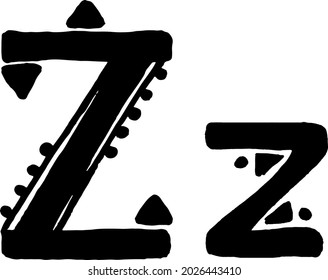 African Culture Vector Alphabet Black Color Isolated on Whute Background. Hand Drawn Letter Z Symbol. Antique Africa Font with Afro Letters. Vintage Cool Typeface in Creative Sketch Drawn