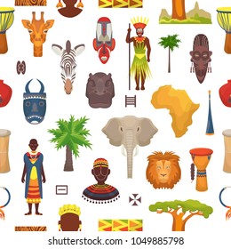 African culture vector characters in traditional clothing in Africa with ethnic tribal mask or drums in safari travel wildlife with animals in savanna set illustration seamless pattern background