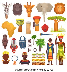 African culture vector characters in traditional clothing in Africa with ethnic tribal mask or drums in safari travel wildlife with animals in savanna set illustration isolated on white background