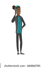 Operador de servicio al cliente africano con auriculares con micrófono. Joven operador de servicio al cliente con auriculares con micrófono. Ilustración de dibujos animados de diseño plano vectorial aislada en fondo blanco.