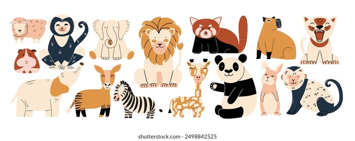 African cute animals in modern flat style set. Wildlife collection. African characters. Baby illustration. Vector. 