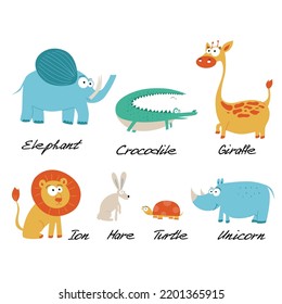 African cute baby animals set. Vector illustration, drawing in a flat, cartoon style.