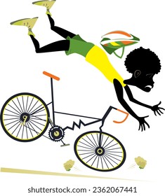 African cyclist falling down from the bicycle. 
Cycling young African man falling down from the bicycle. Isolated on white background
