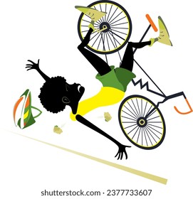 African cyclist falling down from the bicycle. 
Cycling young African man falling down from the bicycle. Isolated on white background
