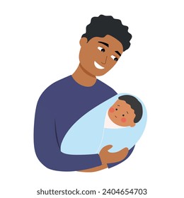 African dad holding his baby son in flat design on white background.