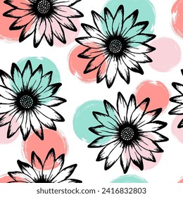 African daisy beautiful summer endless pattern. Camomile daisy blossom over circles background. Doodle garden flowers fabric design. Elegant natural background.