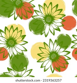 African daisy beautiful vector repeat pattern. Camomile daisy bloom over circles background. Decorative garden flowerheads linen pattern. Subtle natural rapport.