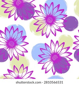 African daisy beautiful vector repeat pattern. Sunflower blossom over circles background. Creative garden flowerheads scrapbooking swatch. Feminine floral background.
