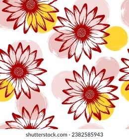La margarita africana adorable patrón de verano interminable. El osteospermum florece sobre el fondo de los círculos. Revestimiento creativo de flowerheads de scrapbooking en un jardín con flores. Elegante adorno floral.