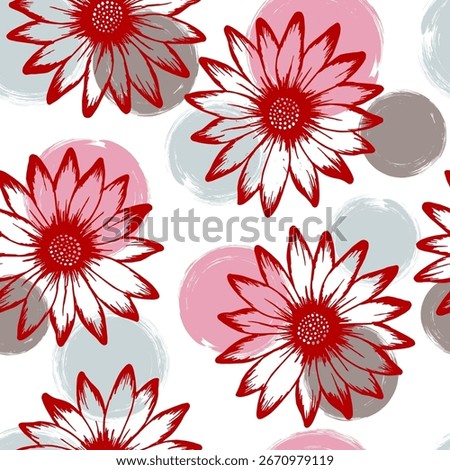 African daisy naive summer endless rapport. Osteospermum blossom over circles background. Decorative garden flowerheads fabric design. Simple natural background.