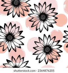 African daisy pretty vector repeat rapport. Sunflower blossom over circles background. Decorative garden flowerheads textile print. Adorable floral rapport.