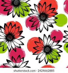 African daisy pretty vector seamless pattern. Rudbeckia daisy blossom over circles background. Doodle garden flowers fabric design. Feminine natural background.