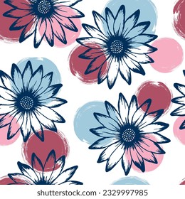 African daisy romantic summer endless rapport. Camomile daisy bloom over circles background. Doodle garden flowers vector wallpaper. Simple natural rapport.